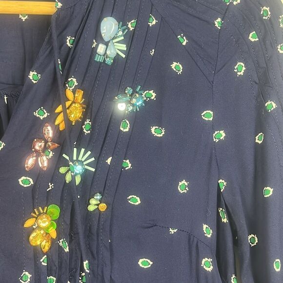 Anthropologie Vanessa Virginia Ashton navy peasant embellished jeweled blouse - Picture 6 of 9